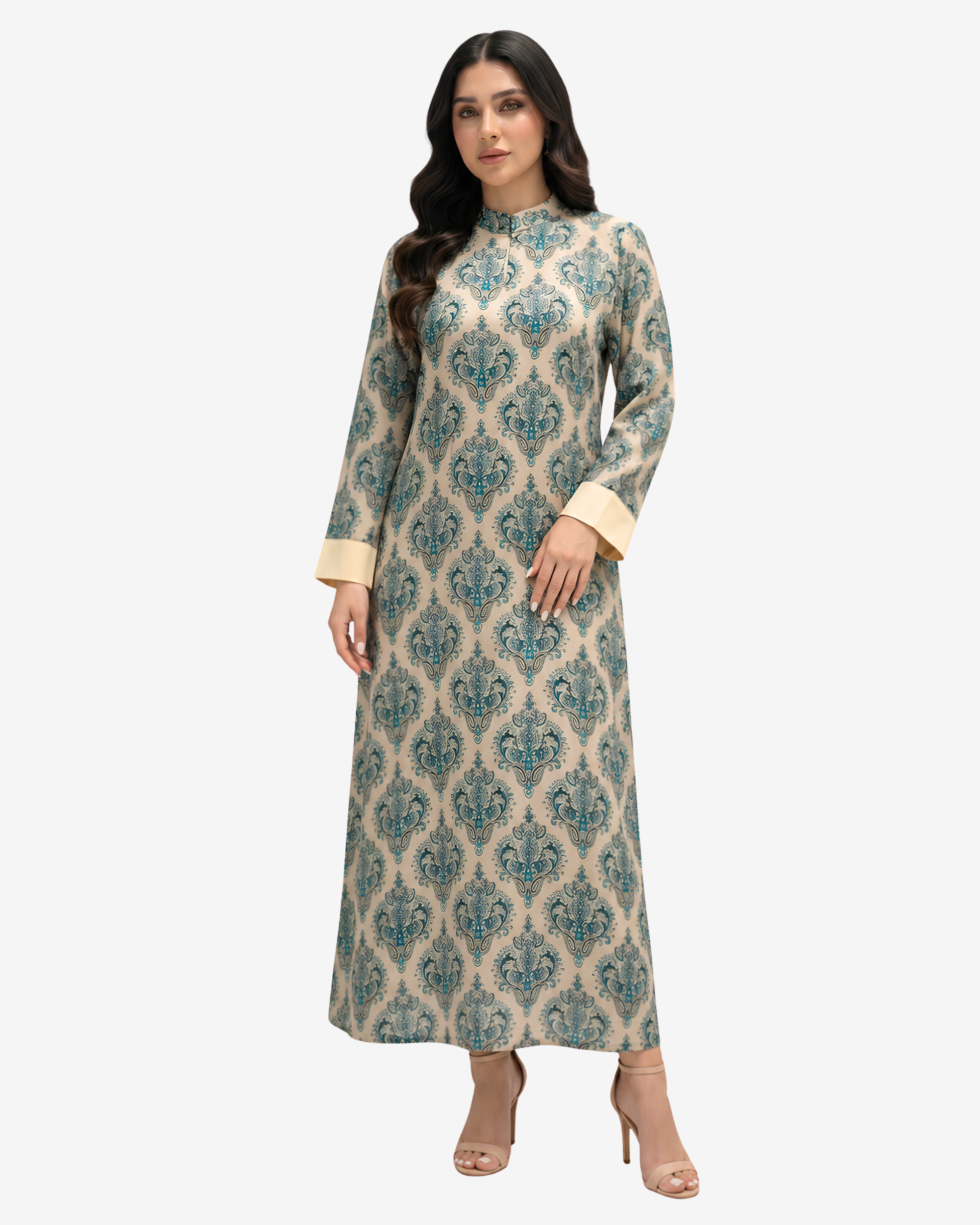 Elegant blue heritage print cotton chiffon dress with a flowing full-length design for modest everyday wear.