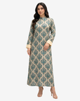 Elegant blue heritage print cotton chiffon dress with a flowing full-length design for modest everyday wear.