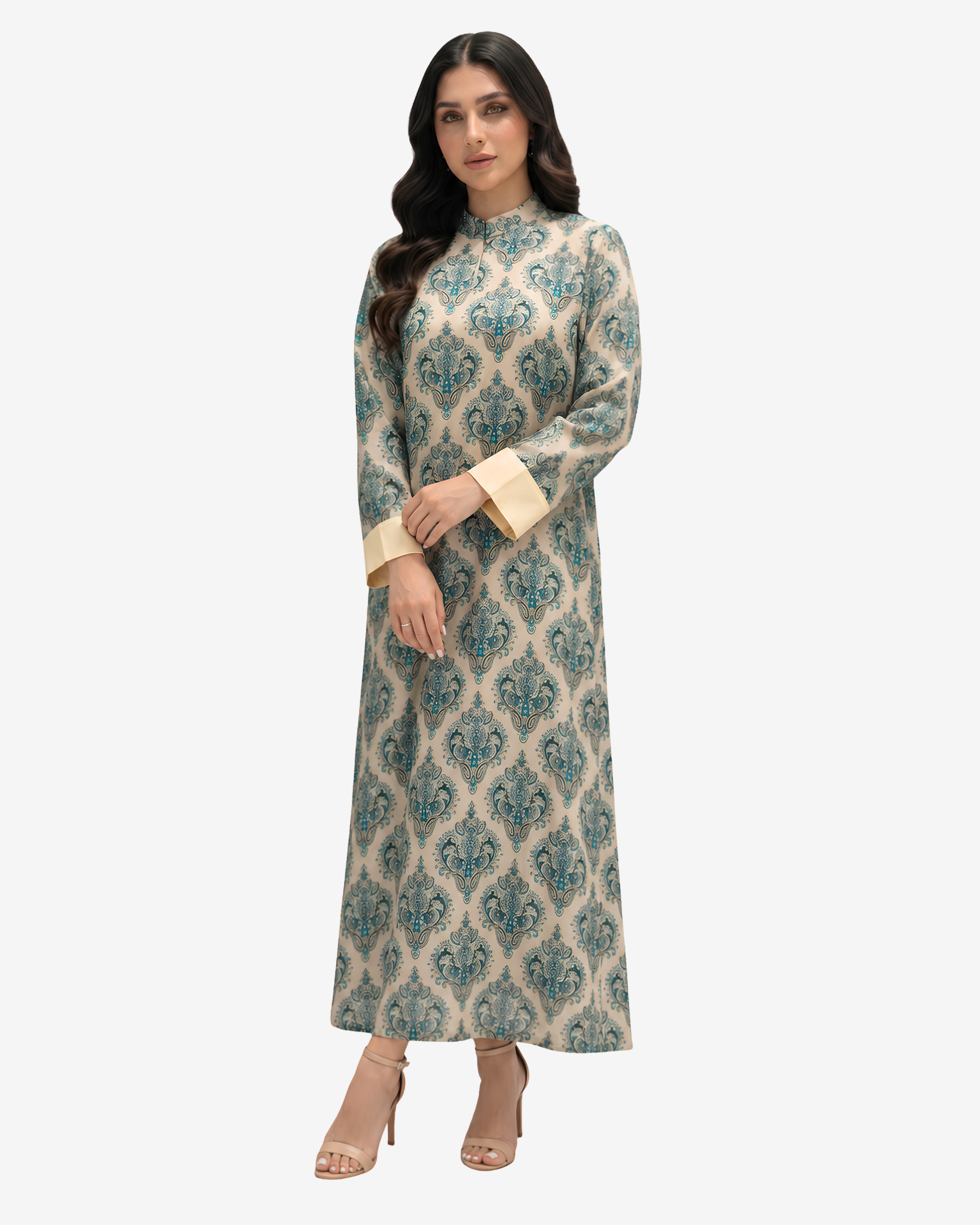 Luxury modest cotton chiffon dress featuring a timeless blue heritage print, lightweight fabric, and graceful silhouette.