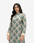 Close-up of the blue heritage print, high neckline, premium cotton chiffon fabric, and contrast cuff details by Gharza Couture.
