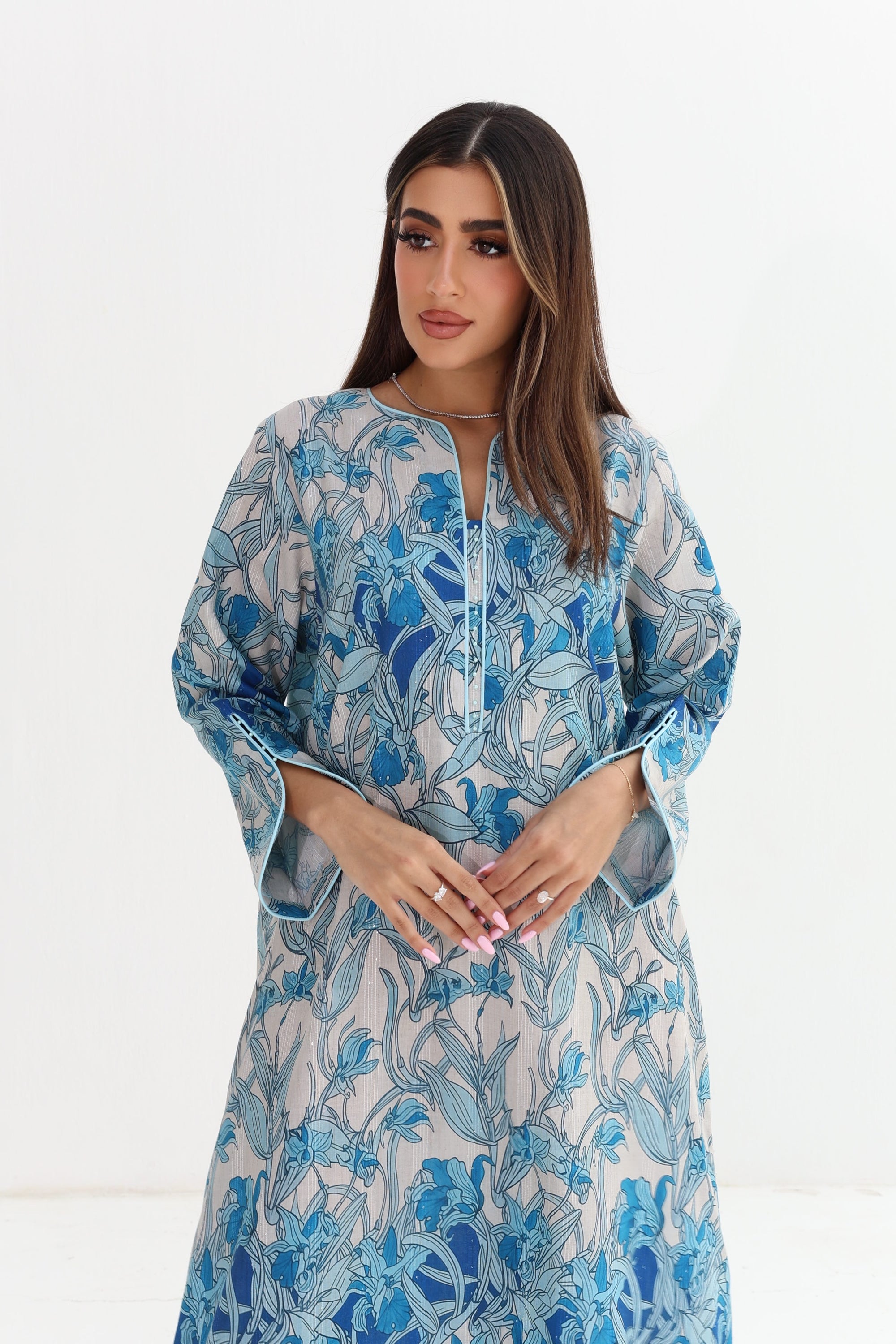 Blue Botanical Vine Print Linen Blend Jalabiya - Botanical Print Close Up