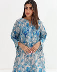 Blue Botanical Vine Print Linen Blend Jalabiya - Botanical Print Close Up