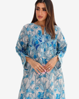 Blue Botanical Vine Print Linen Blend Jalabiya