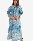 Blue Botanical Vine Print Linen Blend Jalabiya