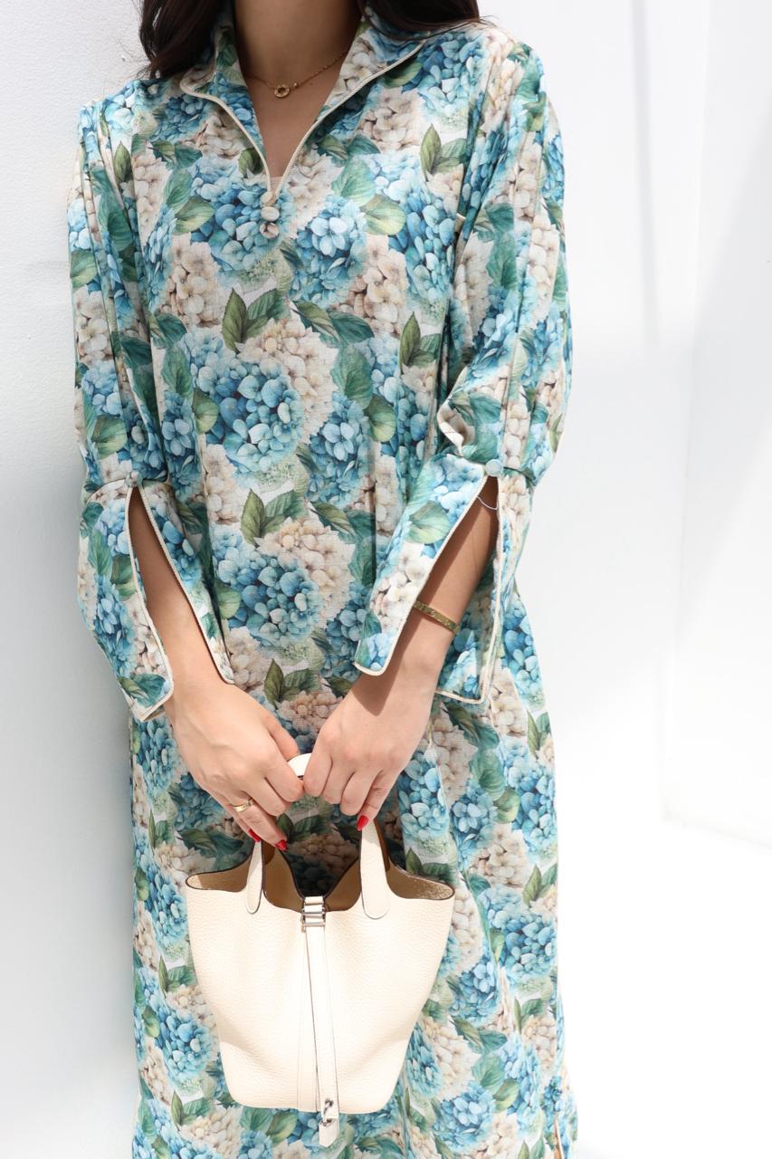 Blue hydrangea floral print detail on Blue_Hydrangea_Linen_Blend_Jalabiya