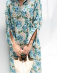 Blue hydrangea floral print detail on Blue_Hydrangea_Linen_Blend_Jalabiya
