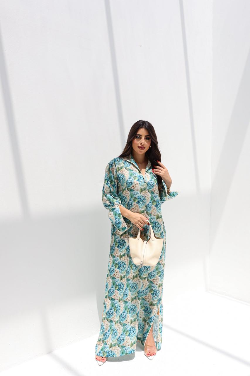 Full length view of Blue_Hydrangea_Linen_Blend_Jalabiya by Gharza Couture