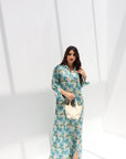 Full length view of Blue_Hydrangea_Linen_Blend_Jalabiya by Gharza Couture