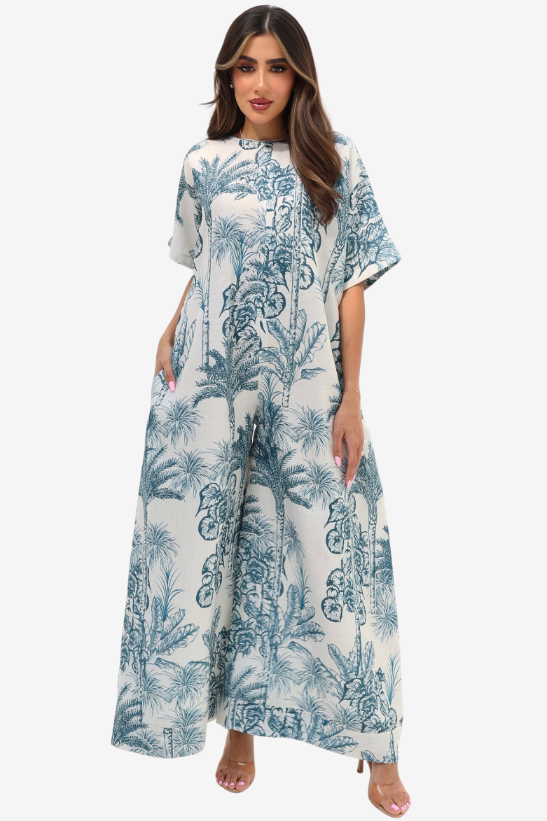 Blue Tropique Linen Blend Jumpsuit