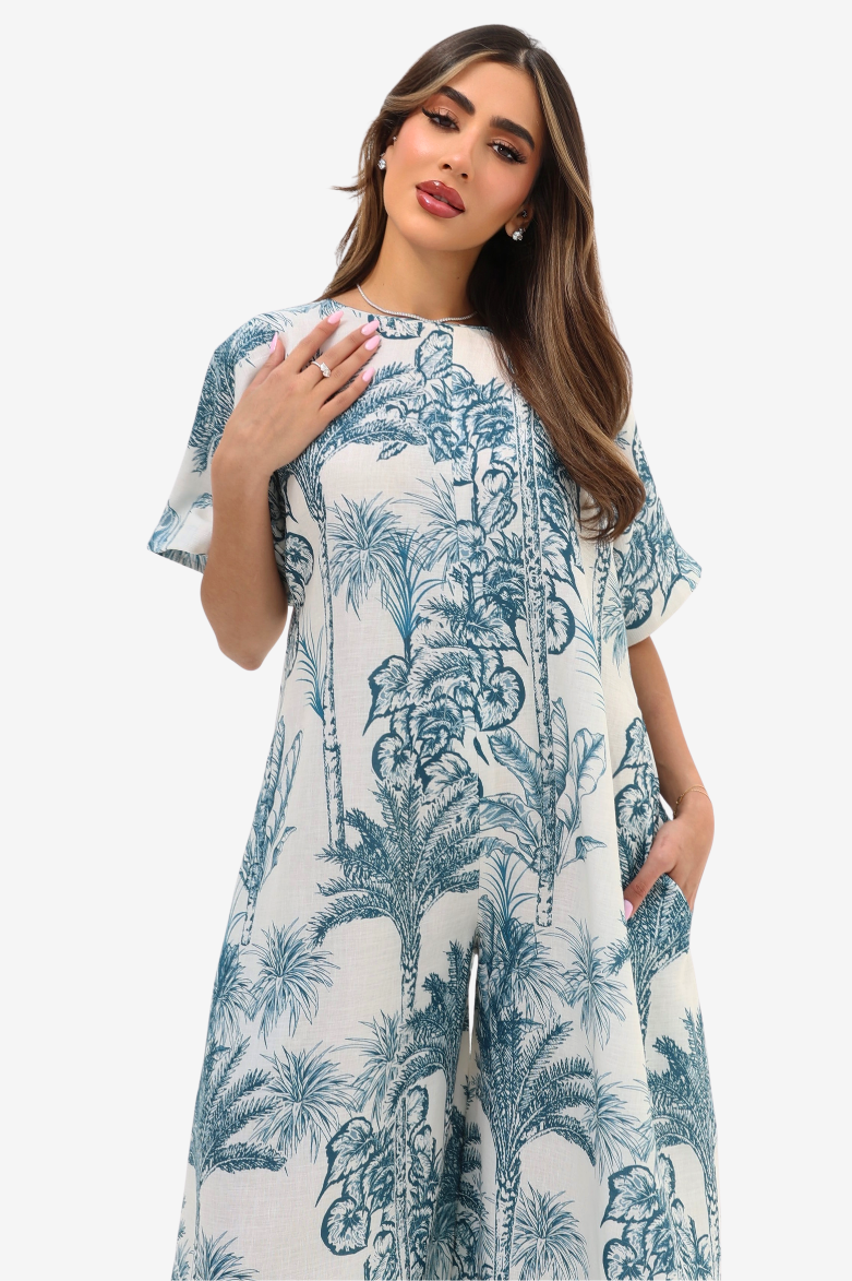 Blue Tropique Linen Blend Jumpsuit