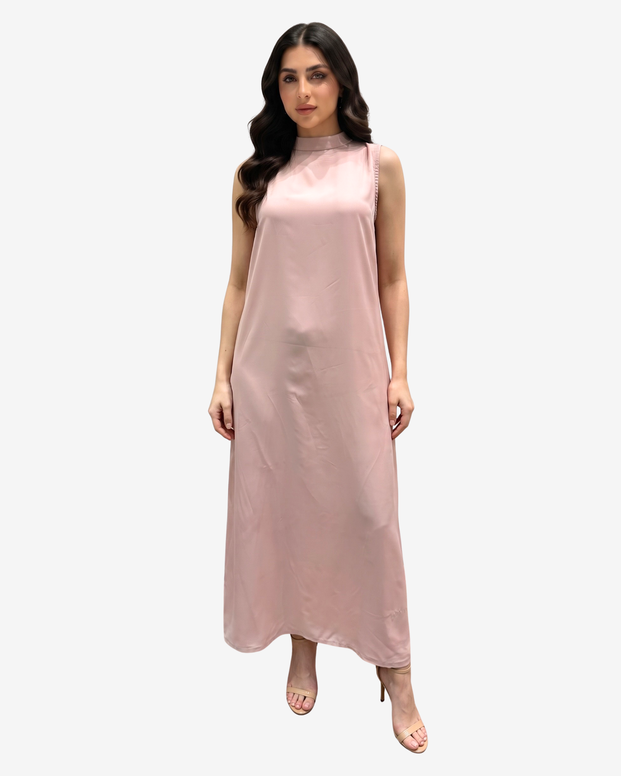 Front view of the Blush Elegance Crepe Satin Maxi Dress showcasing its elegant drape and smooth satin finish.