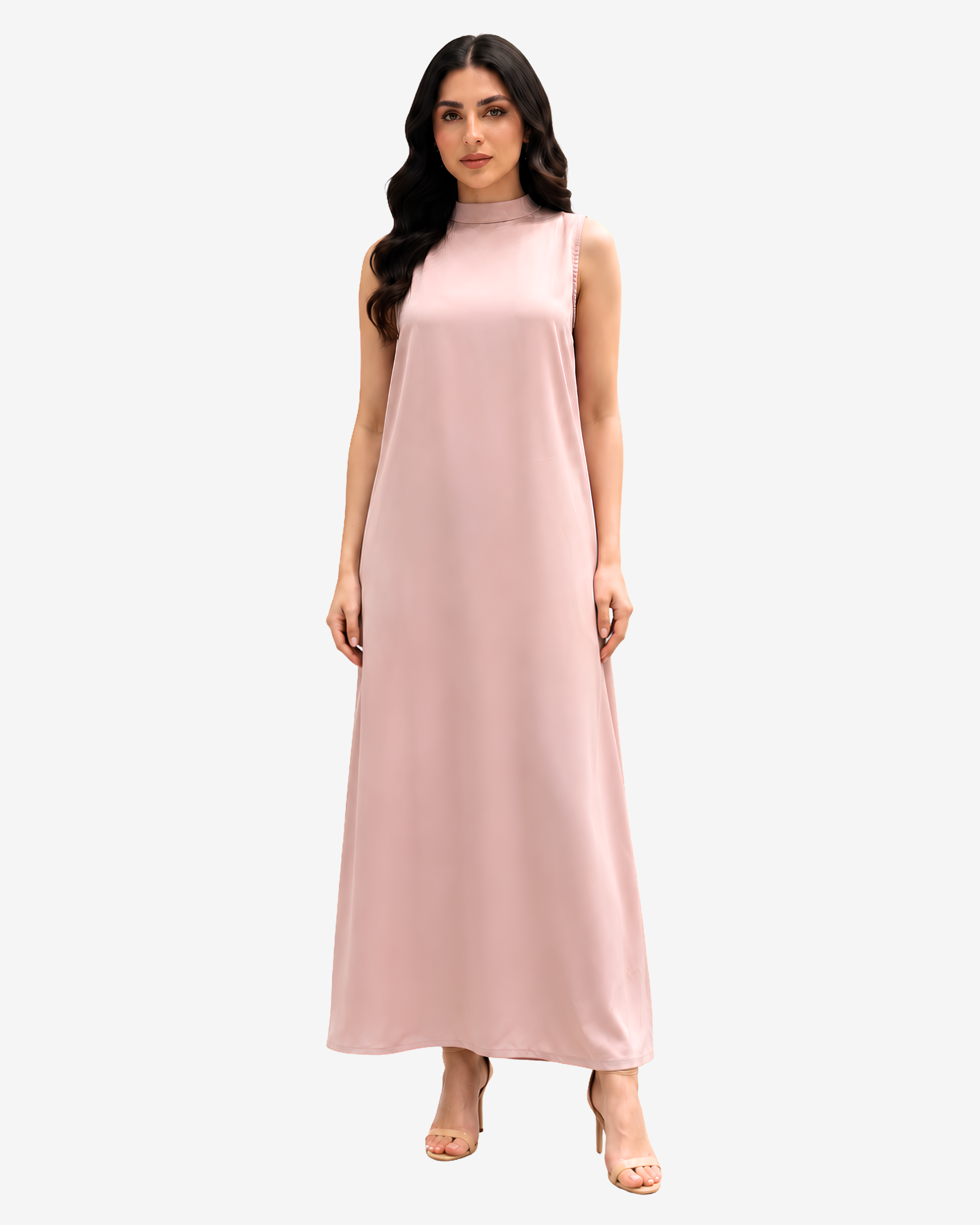 Blush Elegance Crepe Satin Maxi Dress in blush pink featuring a sleeveless design, high neckline, and flowing full-length silhouette.