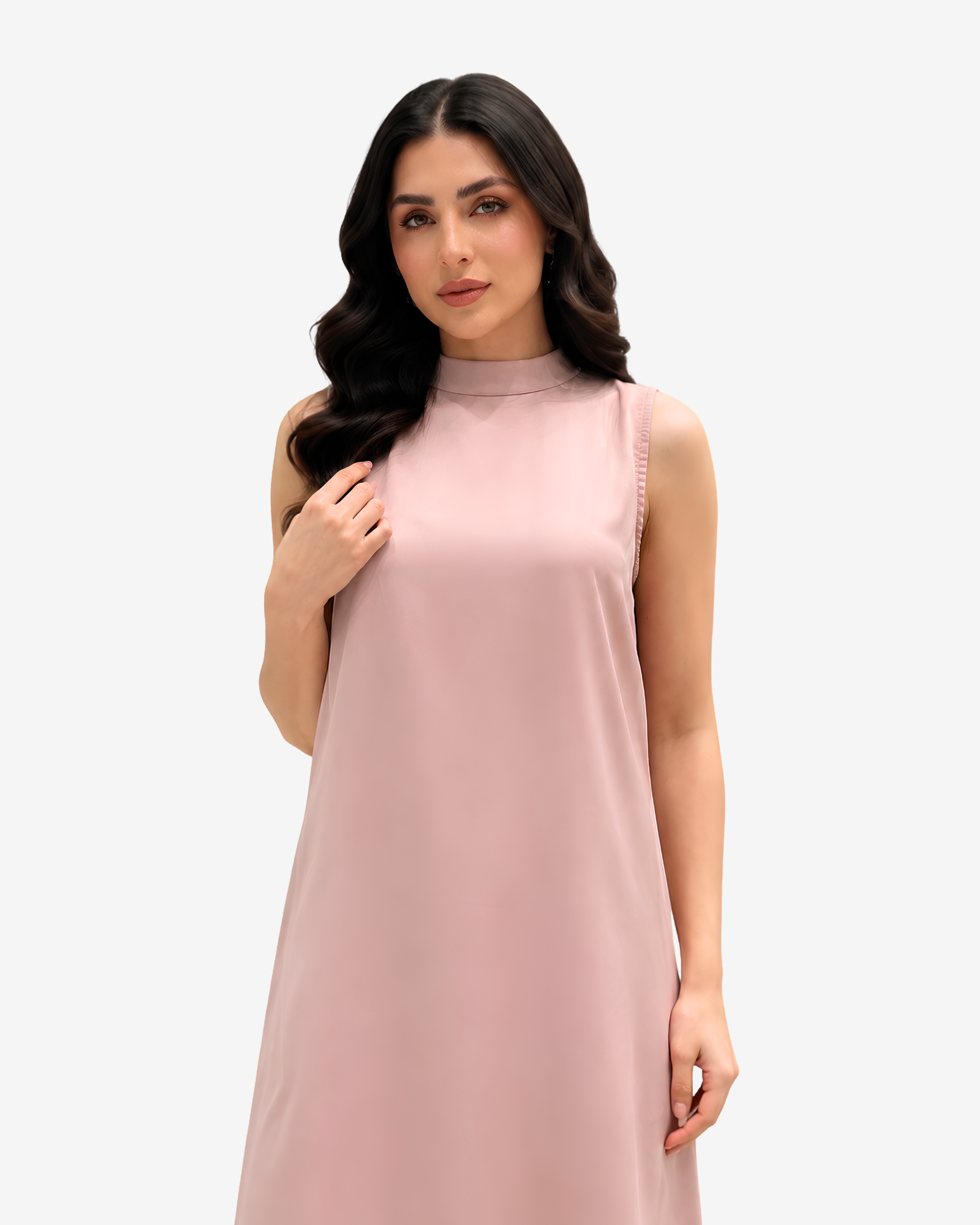 Close-up of the Blush Elegance Crepe Satin Maxi Dress featuring a sophisticated high neckline and silky blush pink fabric.