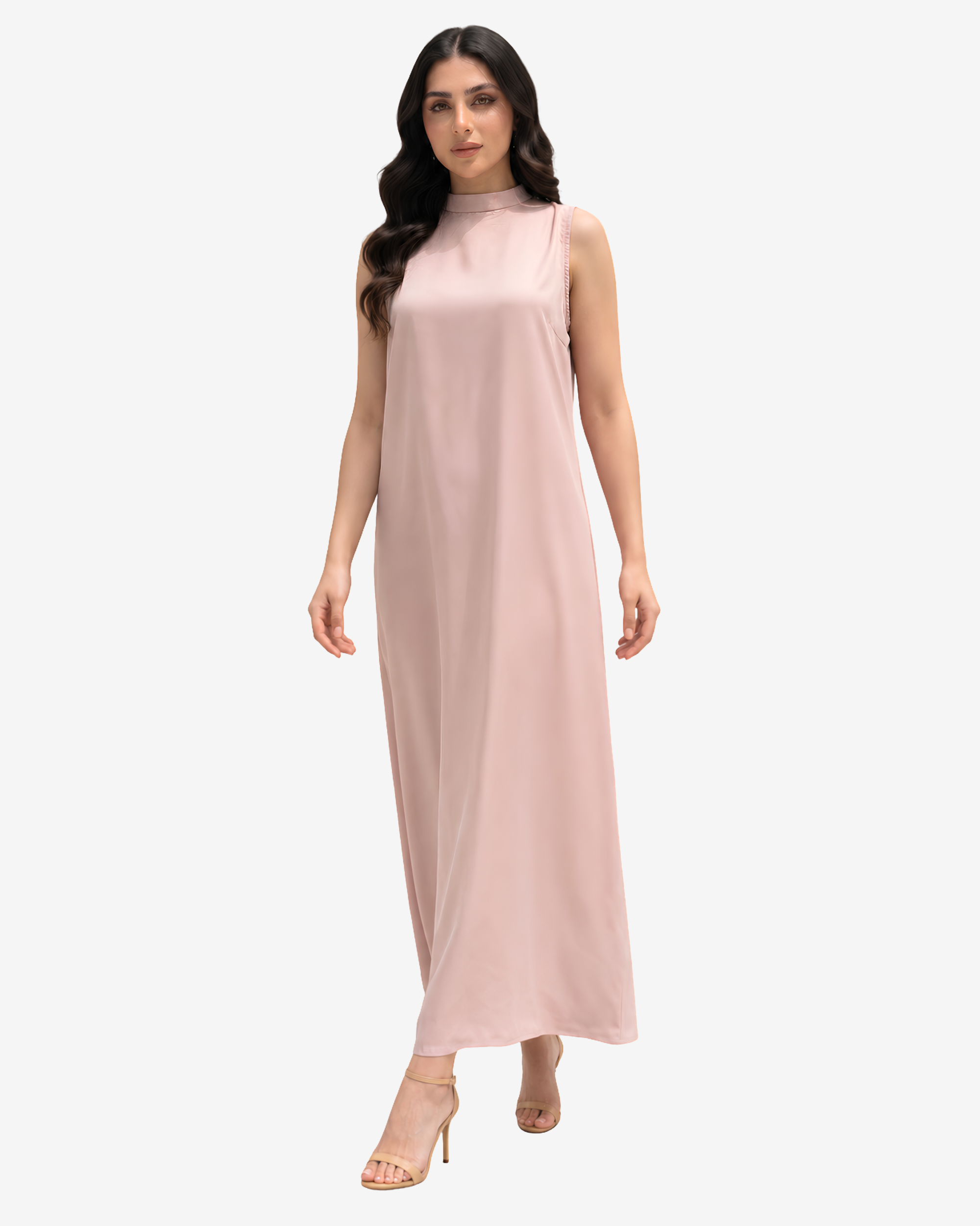 Full-length blush pink crepe satin maxi dress with a relaxed silhouette and refined high neckline.