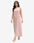 Full-length blush pink crepe satin maxi dress with a relaxed silhouette and refined high neckline.