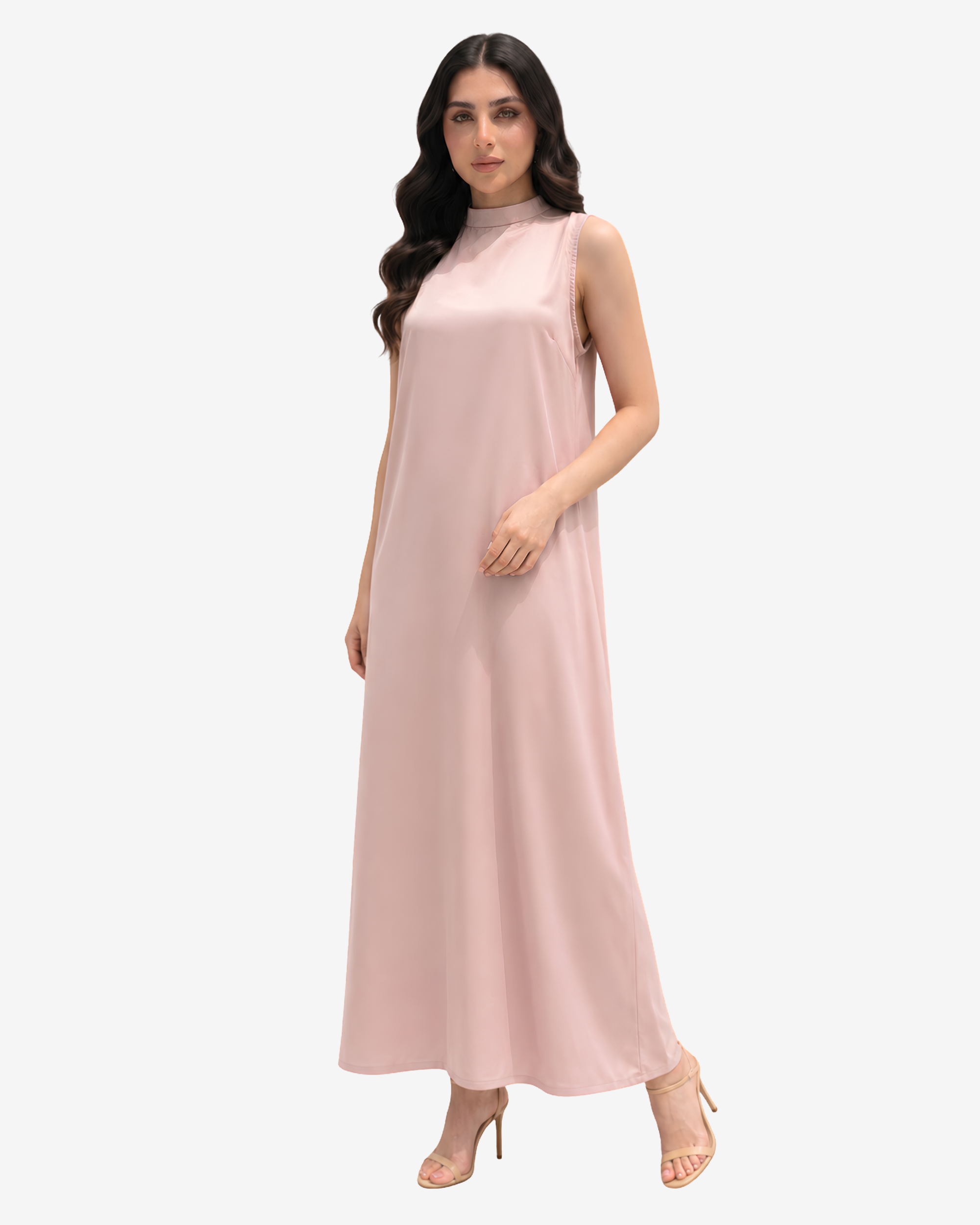 Angled view of the Blush Elegance Crepe Satin Maxi Dress highlighting its soft flowing silhouette and luxurious crepe satin fabric.