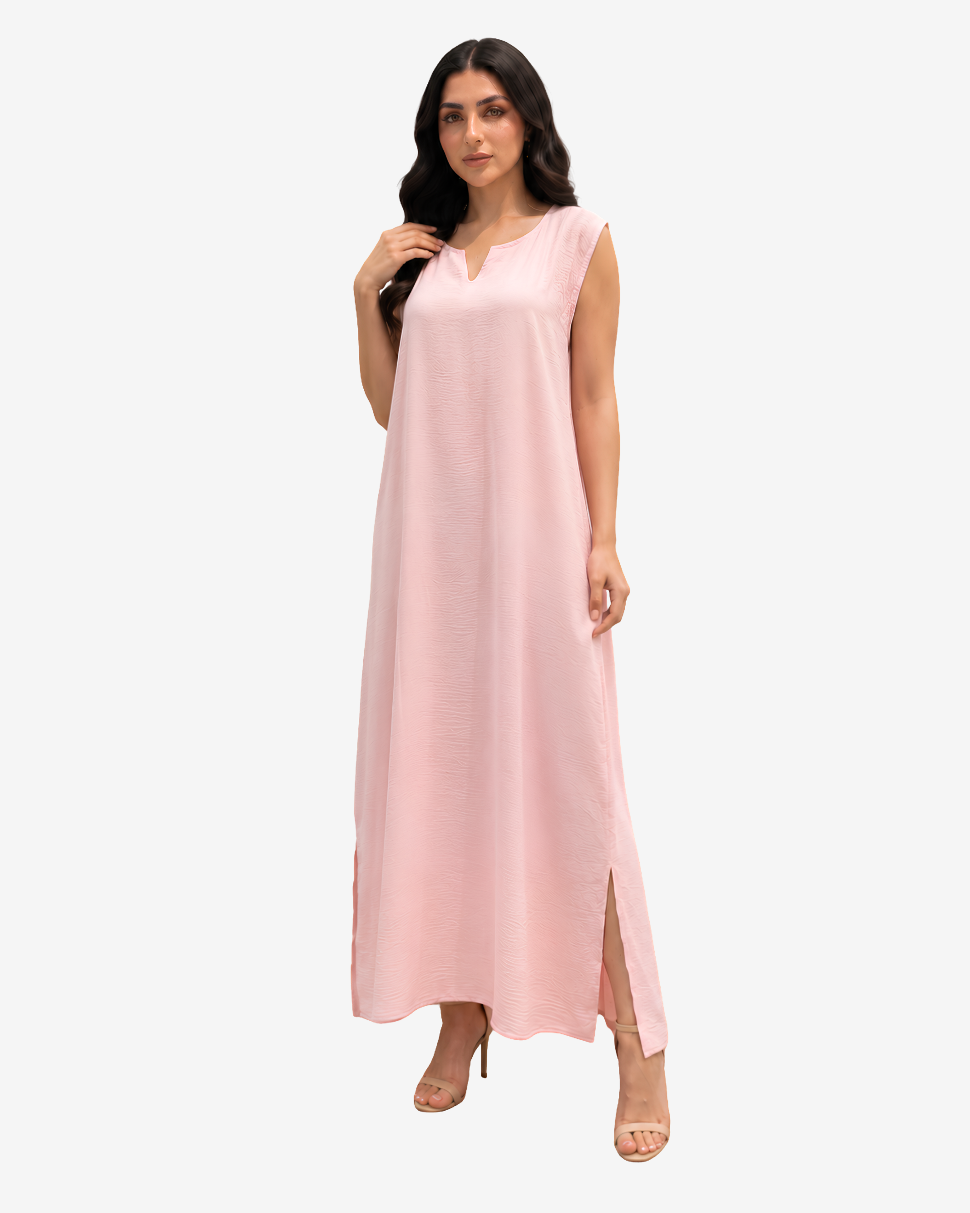 Full-length Blush Pink Crepe Satin Inner Dress with a sleeveless notch neckline and elegant flowing maxi silhouette for modest wear.