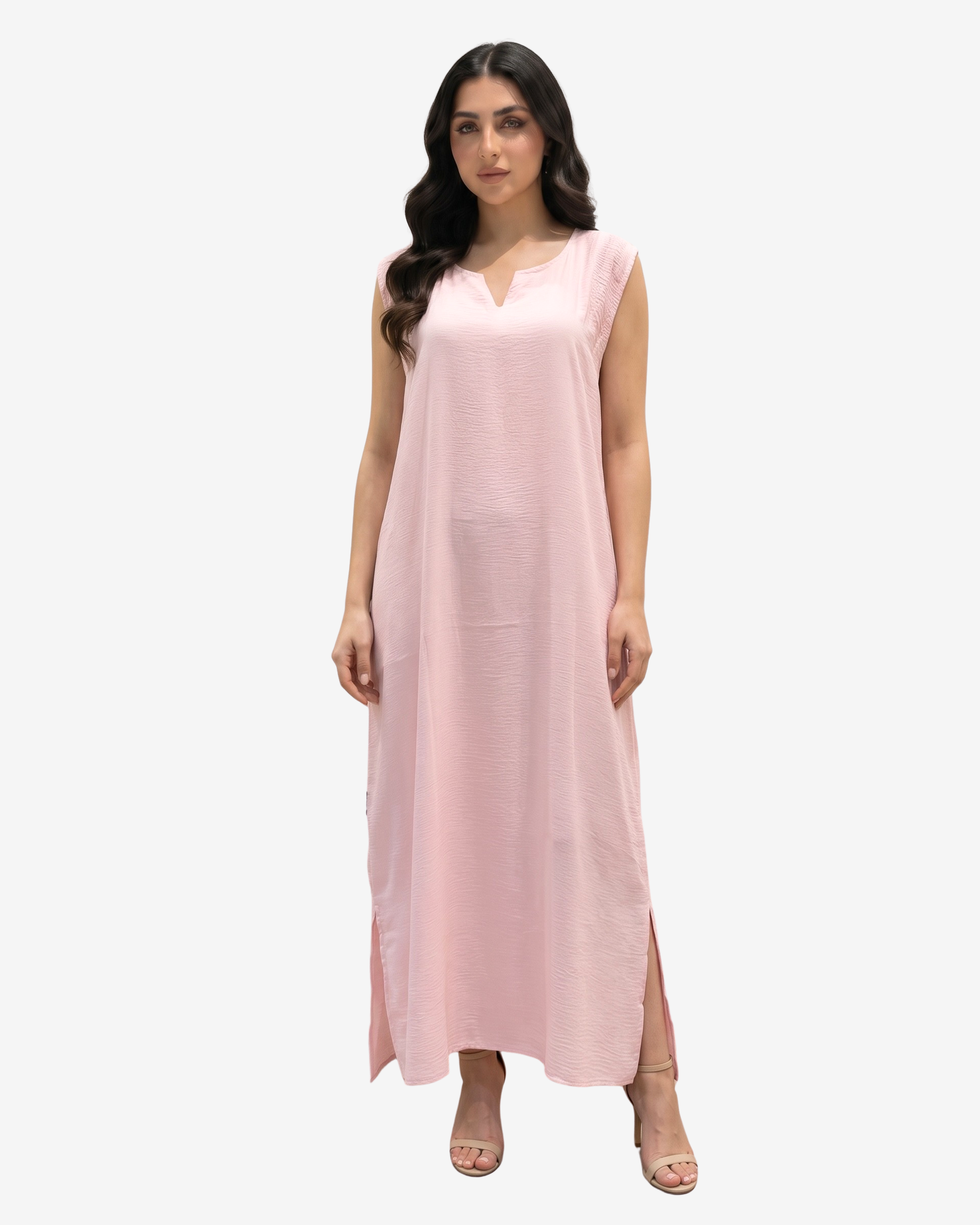 Blush Pink Notch Neck Crepe Satin Inner Dress by Gharza Couture featuring a sleeveless maxi silhouette, perfect for layering under open abayas or wearing on its own.