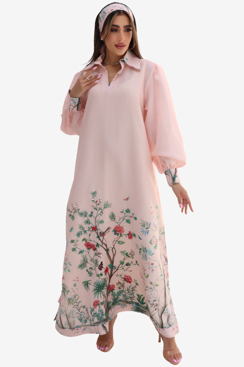 Blush Garden Hem Embellished Linen Blend Jalabiya featuring botanical border print and hand embellished hem