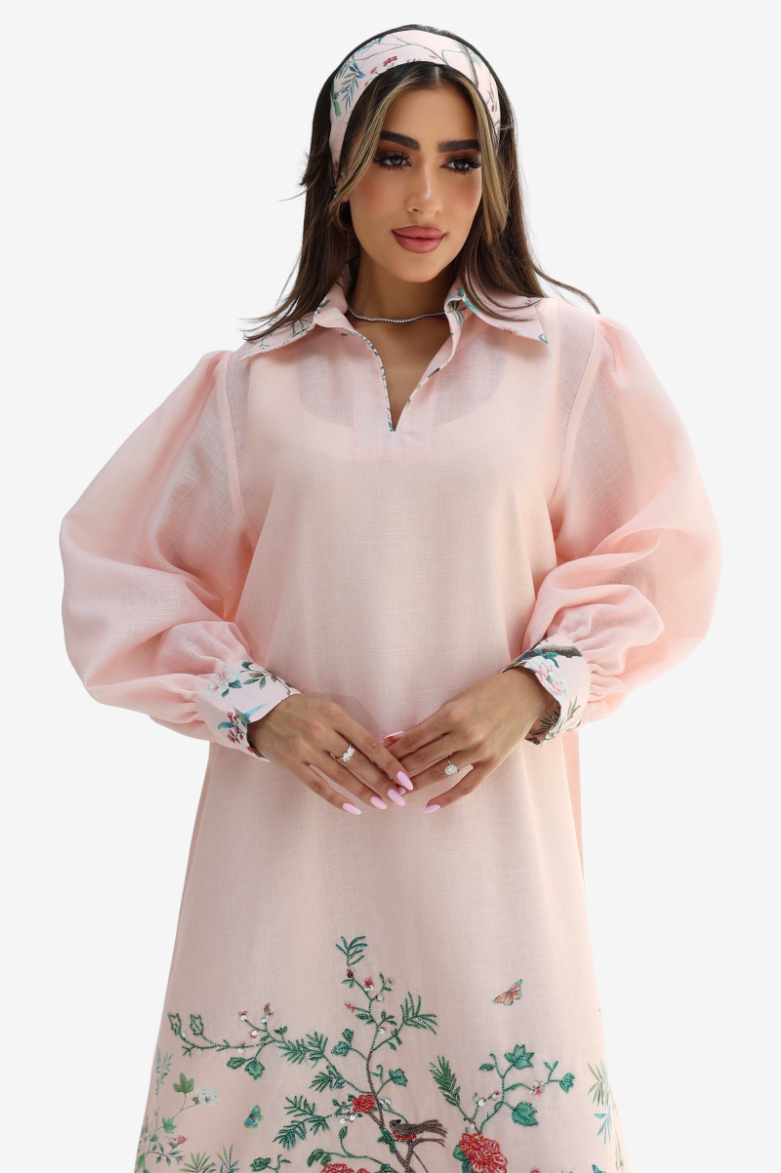 Blush Garden Hem Embellished Linen Blend Jalabiya front view with botanical border print