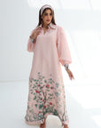 Blush Garden Hem Embellished Linen Blend Jalabiya featuring botanical border print and hand embellished hem