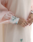 Blush Garden Hem Embellished Linen Blend Jalabiya close-up of hand embellished hem detail