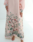 Blush Garden Hem Embellished Linen Blend Jalabiya botanical floral border on breathable linen blend fabric