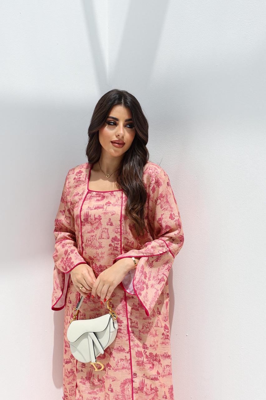 Layali Rose Jalabiya in elegant soft pink vintage print