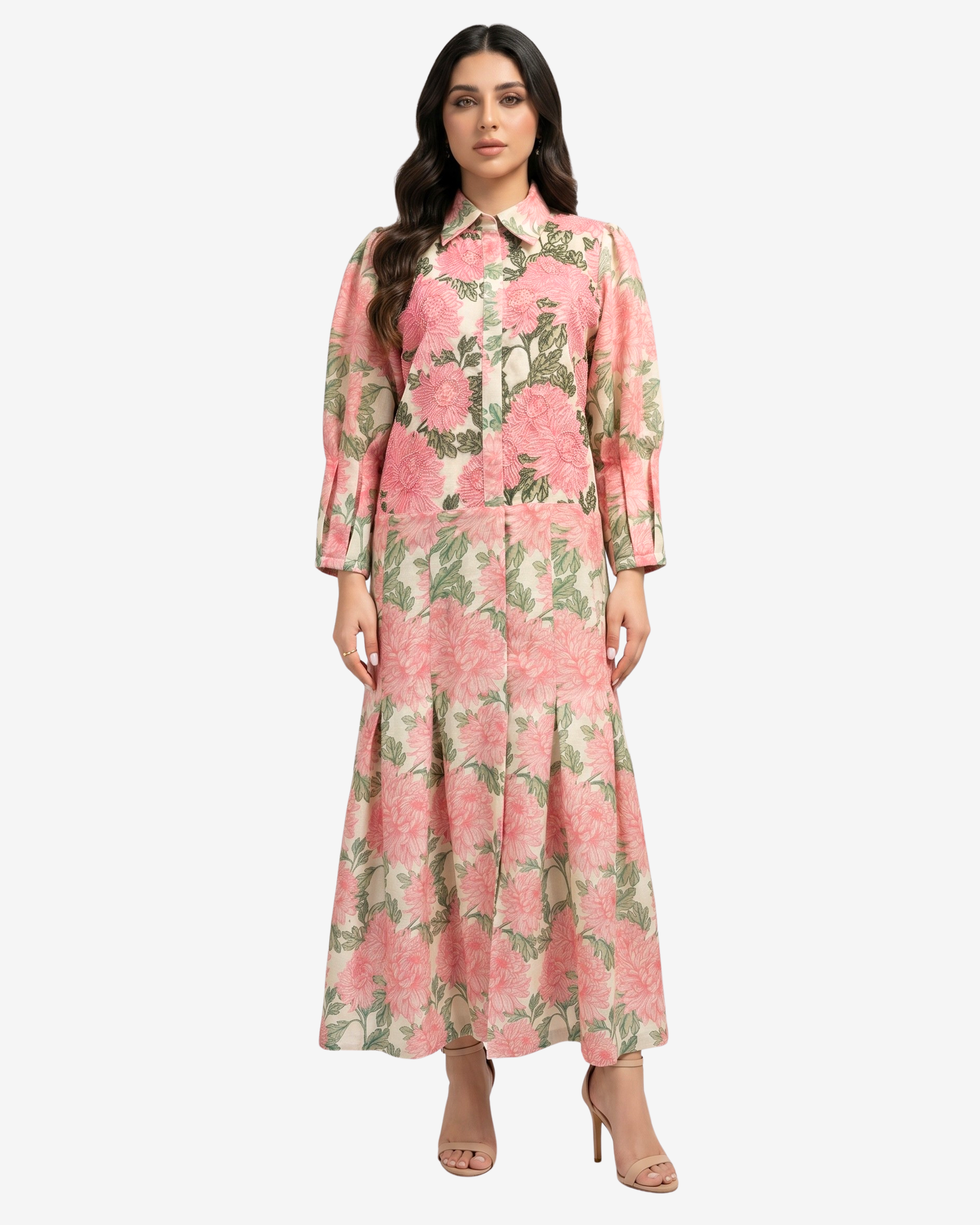 Blushing Chrysanthemum Hand Embellished Collared Linen Blend Dress with pink floral print, classic shirt collar and elegant full-length silhouette by Gharza Couture.