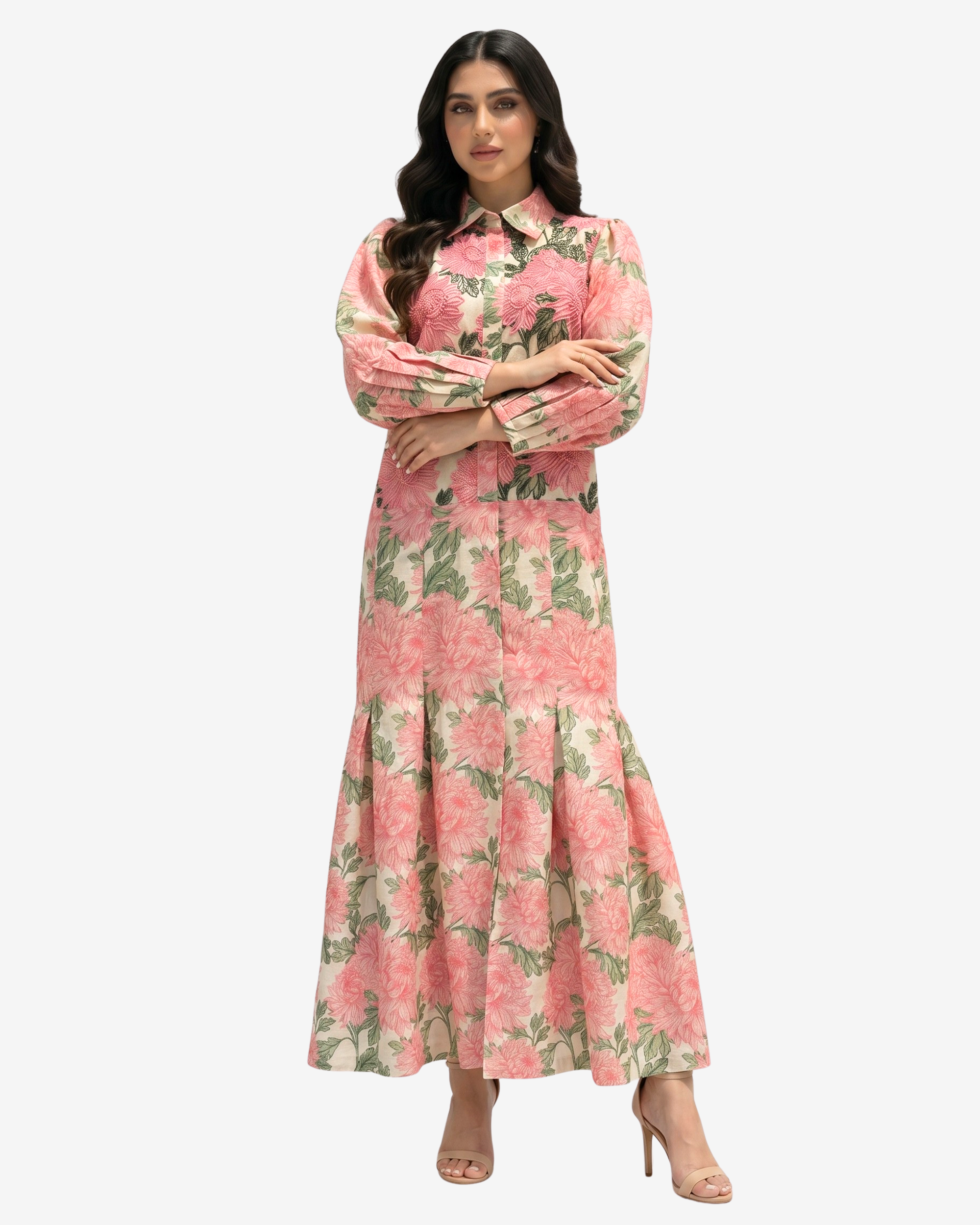 Front pose of the Blushing Chrysanthemum Hand Embellished Collared Linen Blend Dress showcasing the floral print, concealed button placket and elegant modest design.