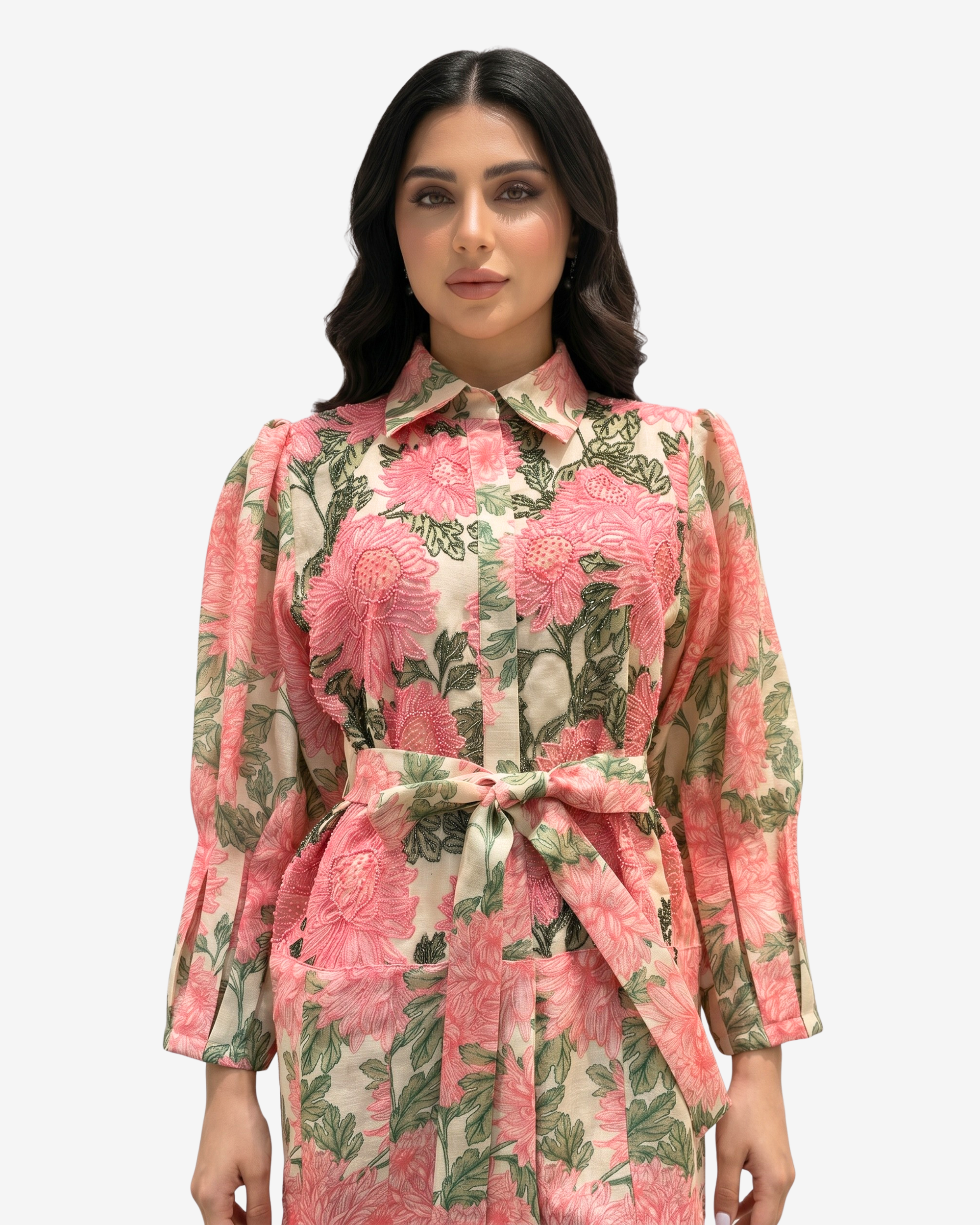 Close-up of the Blushing Chrysanthemum Hand Embellished Collared Linen Blend Dress showcasing handcrafted embellishments, classic collar and blush floral print details.