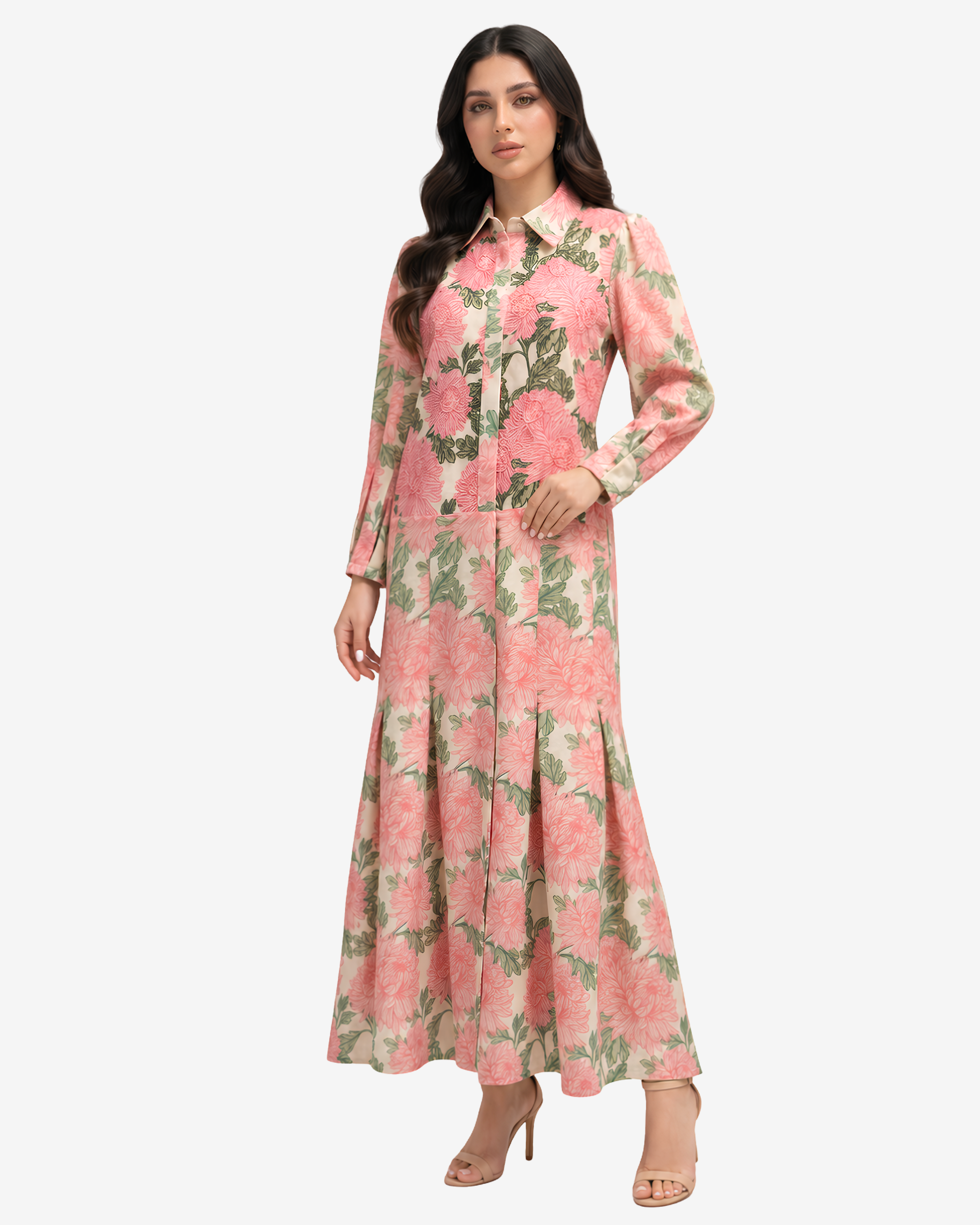 Three-quarter view of the Blushing Chrysanthemum Hand Embellished Collared Linen Blend Dress highlighting the graceful drape and premium linen blend fabric.