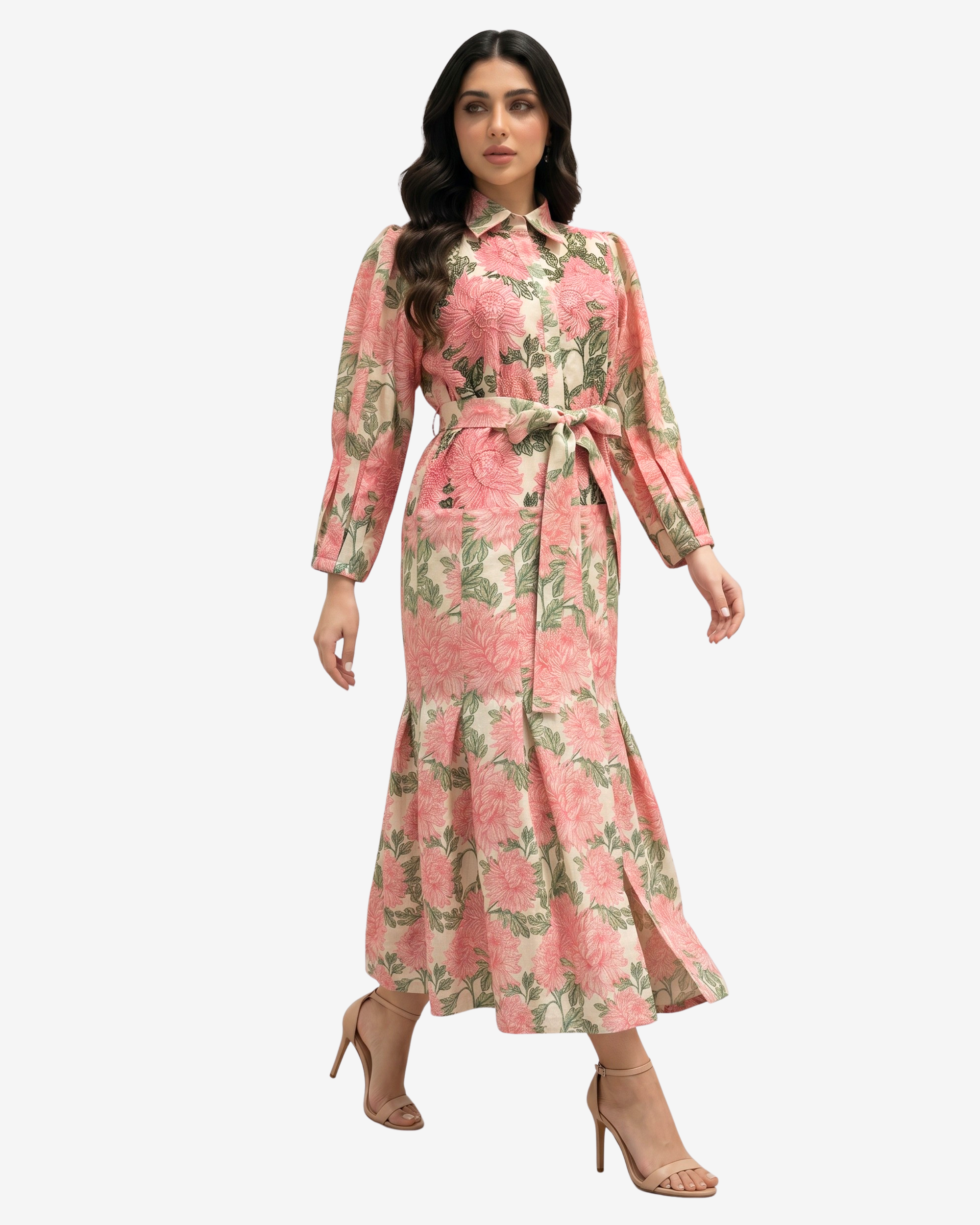 Front full-length view of the Blushing Chrysanthemum Hand Embellished Collared Linen Blend Dress featuring a blush floral print and flowing linen blend silhouette.
