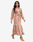 Front full-length view of the Blushing Chrysanthemum Hand Embellished Collared Linen Blend Dress featuring a blush floral print and flowing linen blend silhouette.