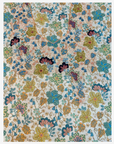 Front view of the hand-beaded open neckline on Italian Liberty mukhawar fabric with a colorful floral print.