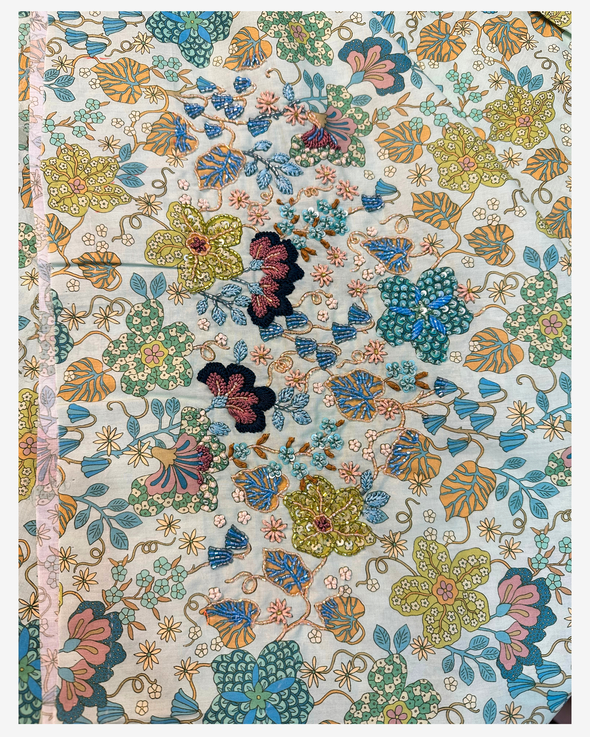 Matching hand design with blue, teal, sage and navy floral beadwork on botanical Liberty mukhawar fabric.