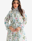 Botanical Haven Ruffle Neck Linen Blend Dress ruffle neckline and botanical print detail