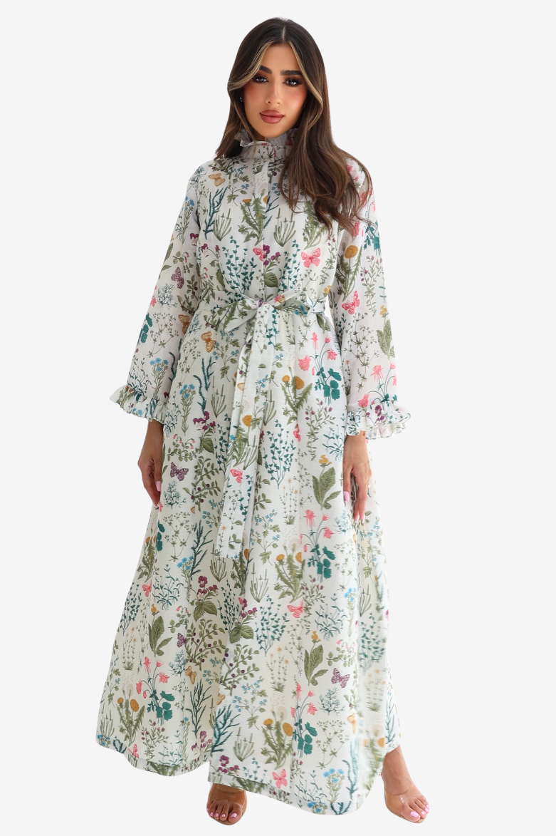 Botanical Haven Ruffle Neck Linen Blend Dress full front view with detachable belt