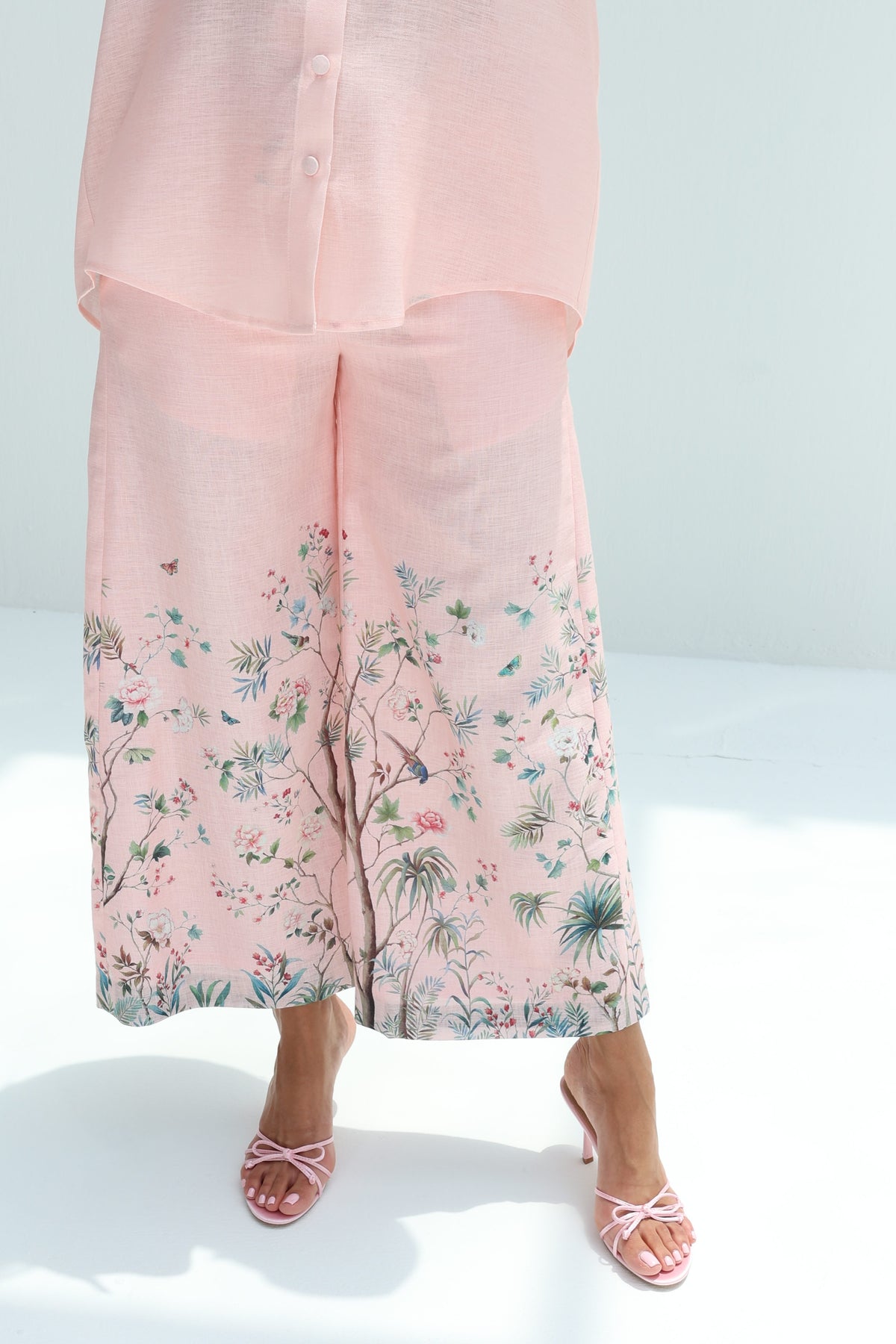 Botanical Print Linen Blend Co-Ord Set showing floral detailing on wide-leg trousers