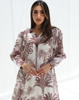 Brown Palm Escape Star Neck Jalabiya showing hand-embellished neckline and palm print