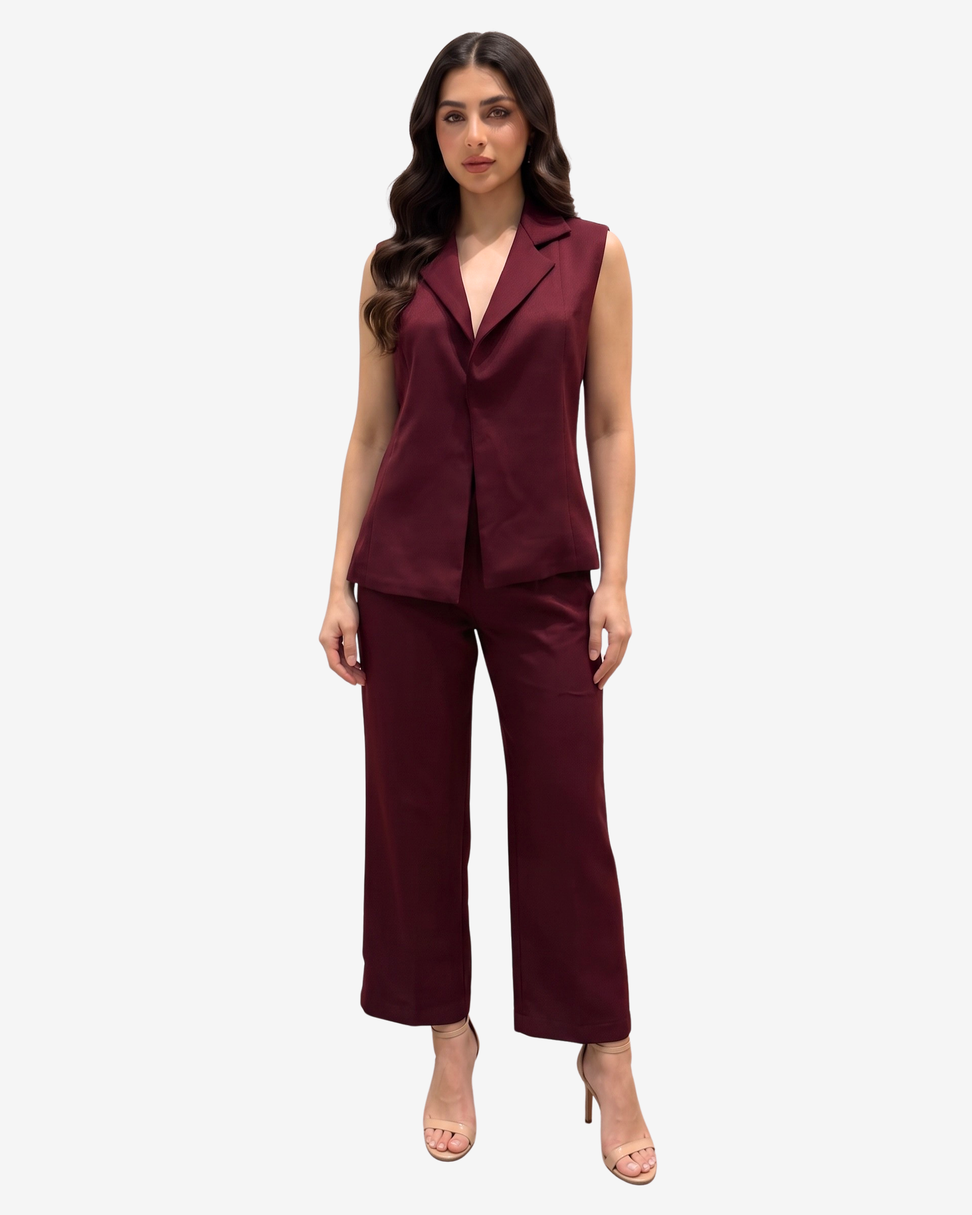 Burgundy Tailored Co-ord Set featuring a sleeveless blazer vest and straight-leg pants by Gharza Couture