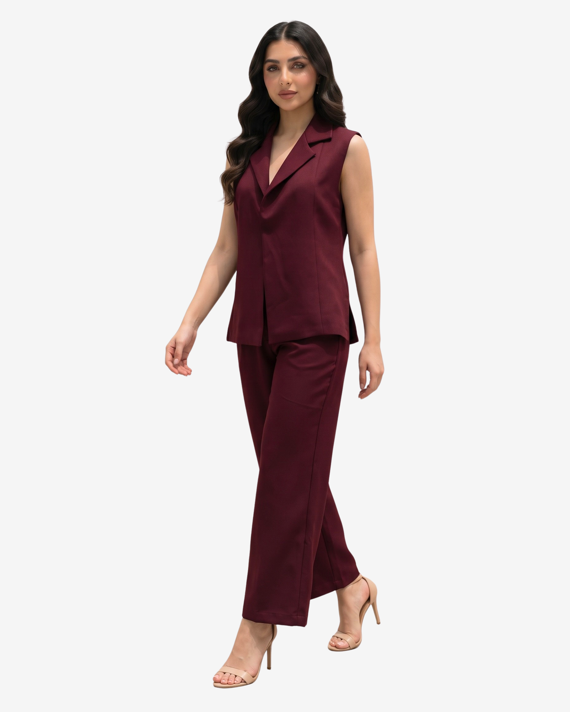 Women's burgundy sleeveless co-ord set with tailored vest and straight-leg trousers in a modern modest style