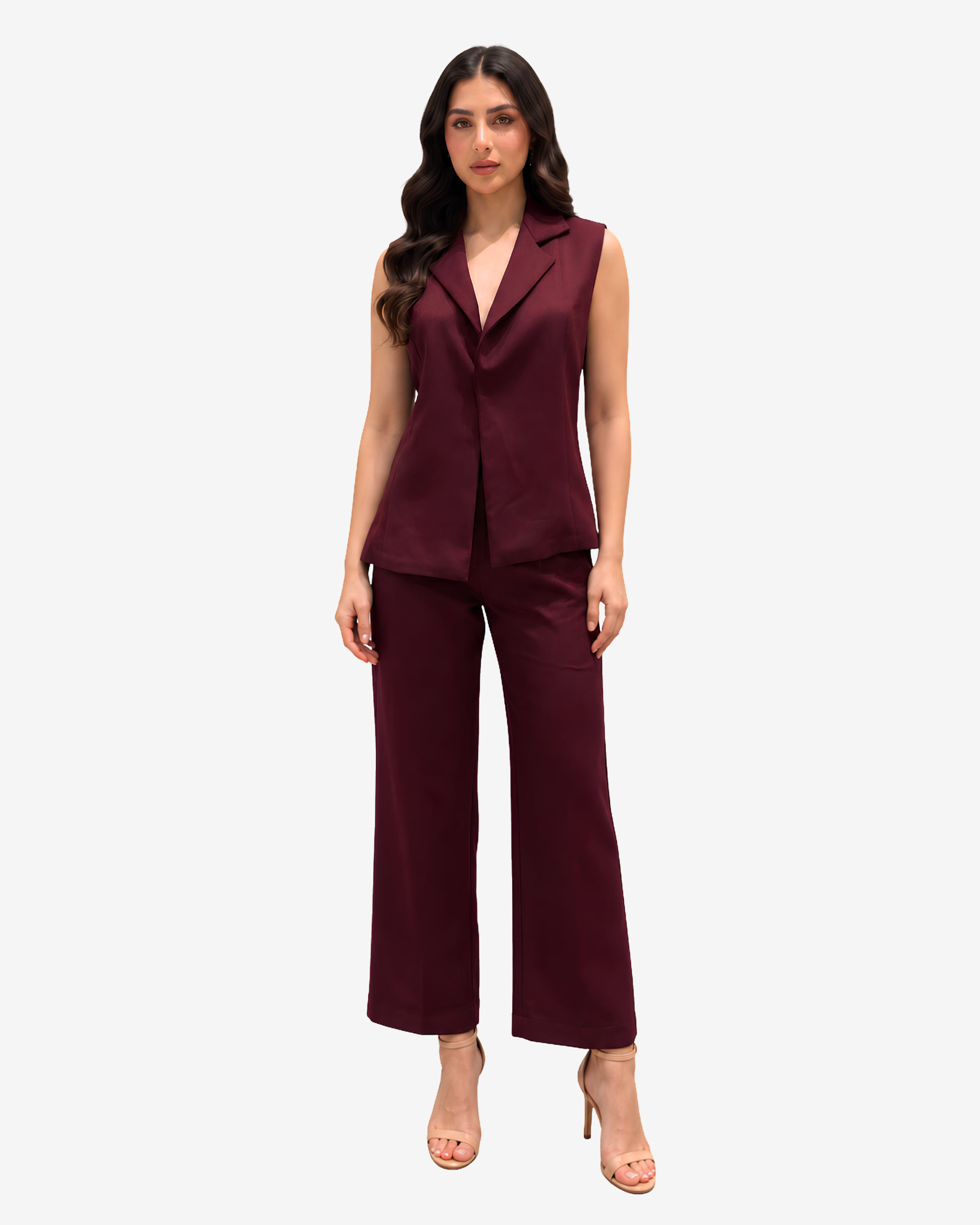 Elegant burgundy two-piece outfit with sleeveless tailored top and matching pants by Gharza Couture