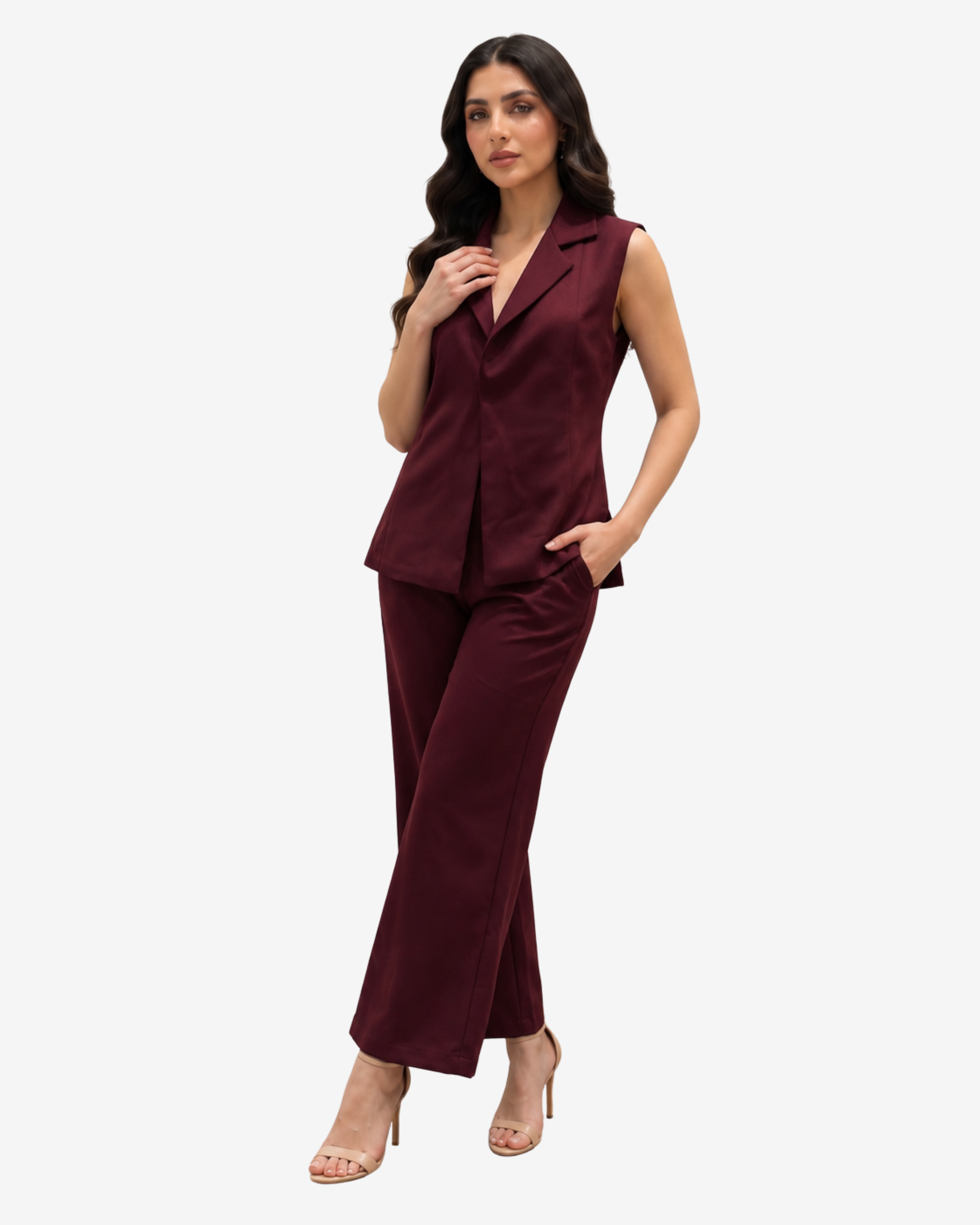 Luxury burgundy co-ord set with sleeveless blazer-style top and relaxed straight-leg pants for women