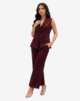 Luxury burgundy co-ord set with sleeveless blazer-style top and relaxed straight-leg pants for women