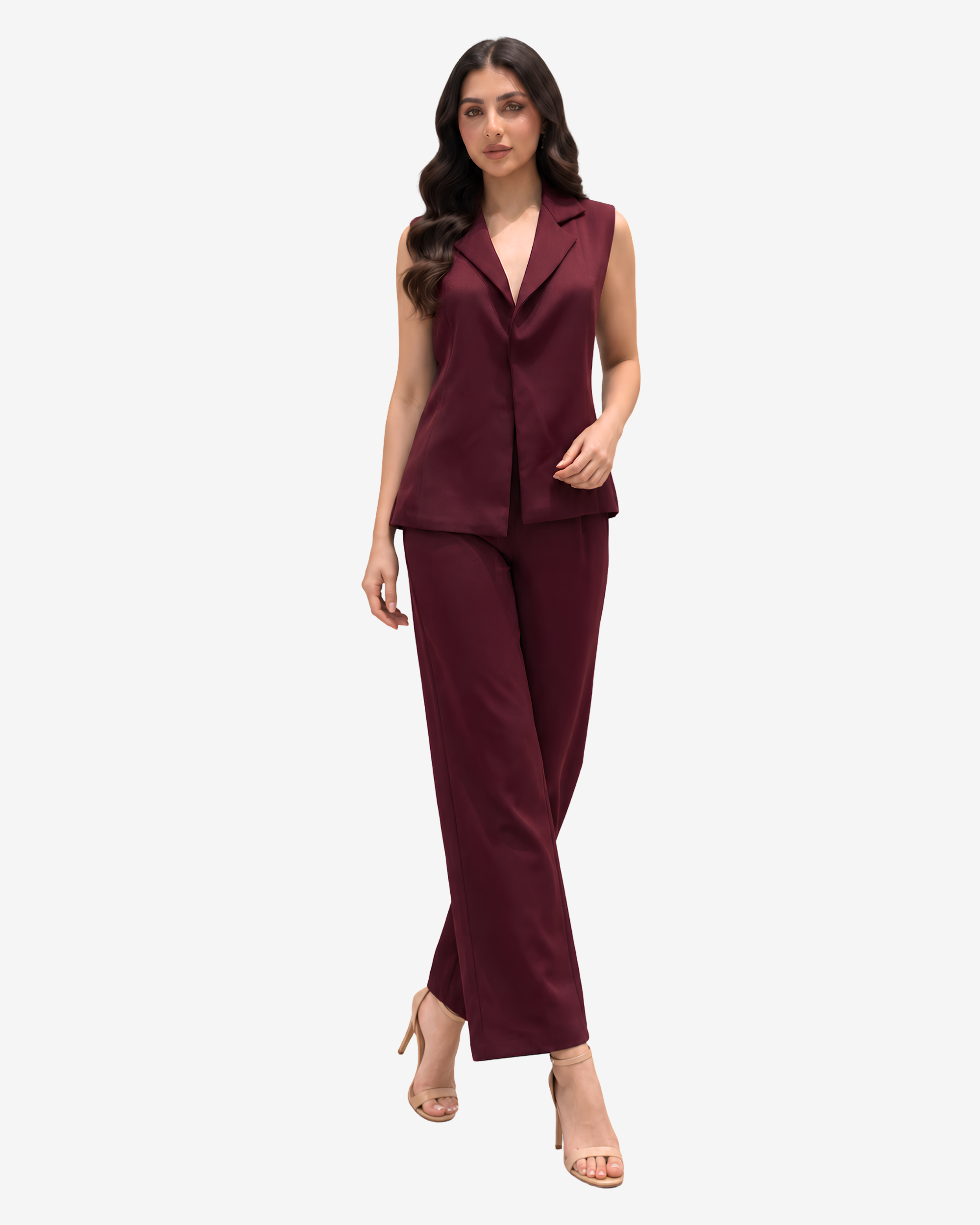 Premium burgundy tailored co-ord set designed with a sleeveless vest and coordinating straight-leg trousers