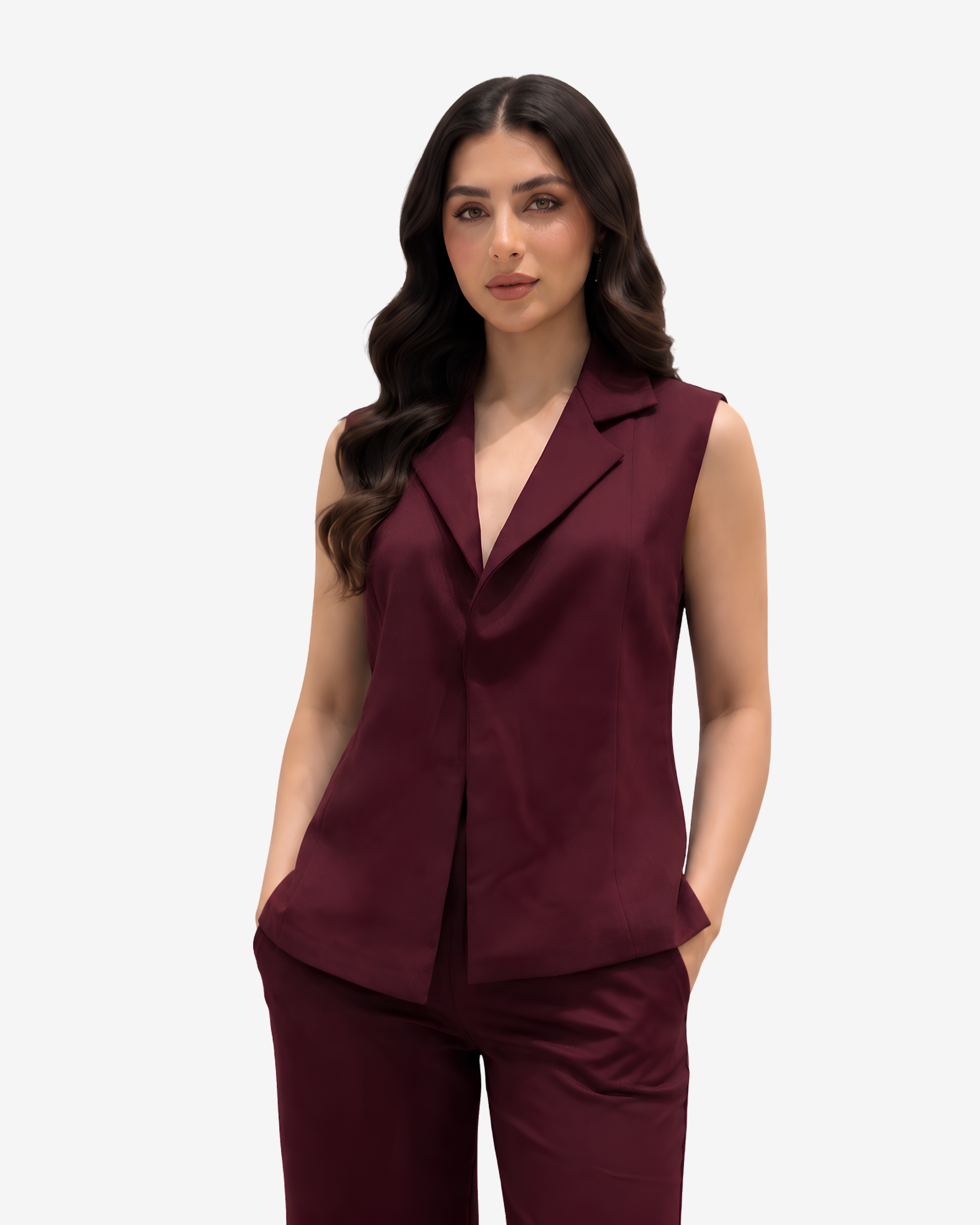 Close-up of the Burgundy Tailored Co-ord Set showcasing the sleeveless lapel collar and premium tailored finish