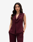 Close-up of the Burgundy Tailored Co-ord Set showcasing the sleeveless lapel collar and premium tailored finish