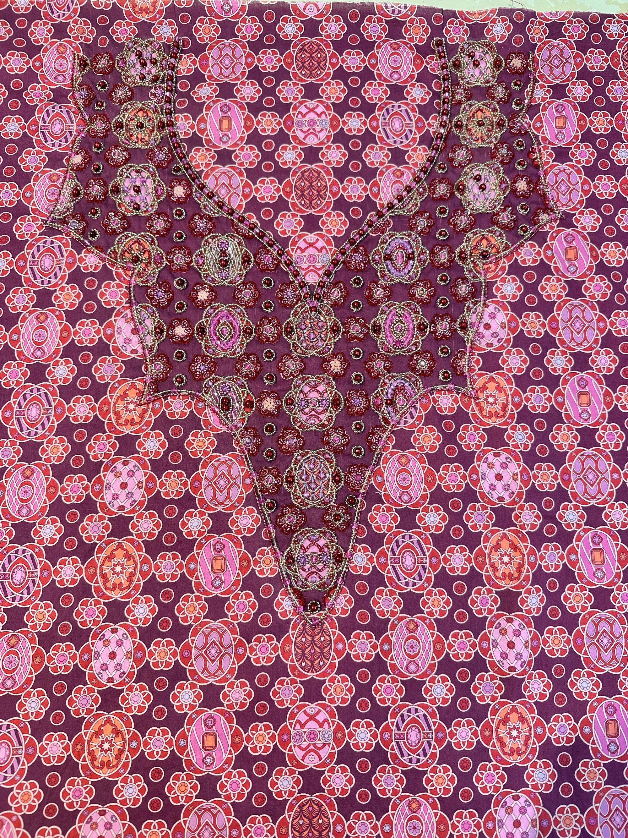 Burgundy Medallion Cotton Mukhawar featuring premium printed cotton with luxurious hand-embellished neckline and elegant medallion pattern by Gharza Couture.