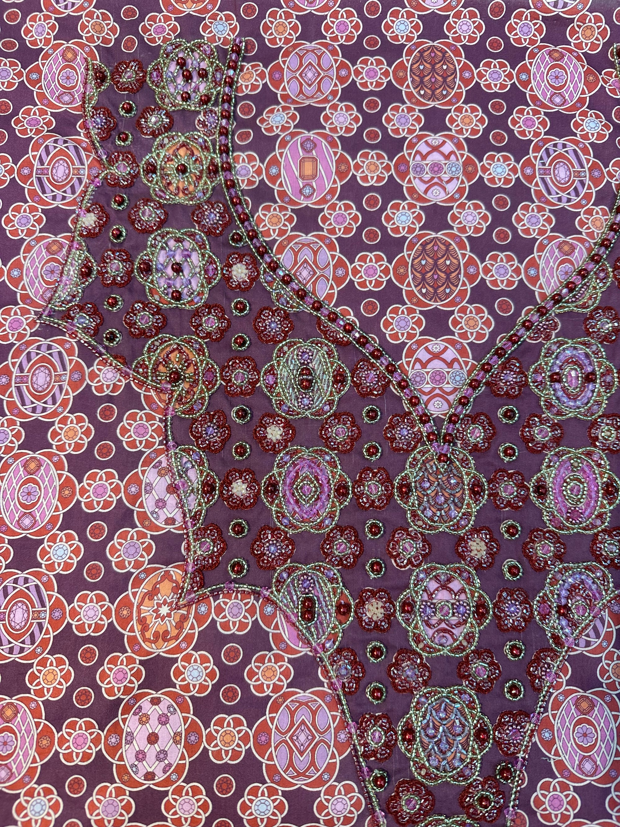 Close-up of the hand-embellished neckline on the Burgundy Medallion Cotton Mukhawar showcasing intricate crystal, beadwork, and premium printed cotton fabric.
